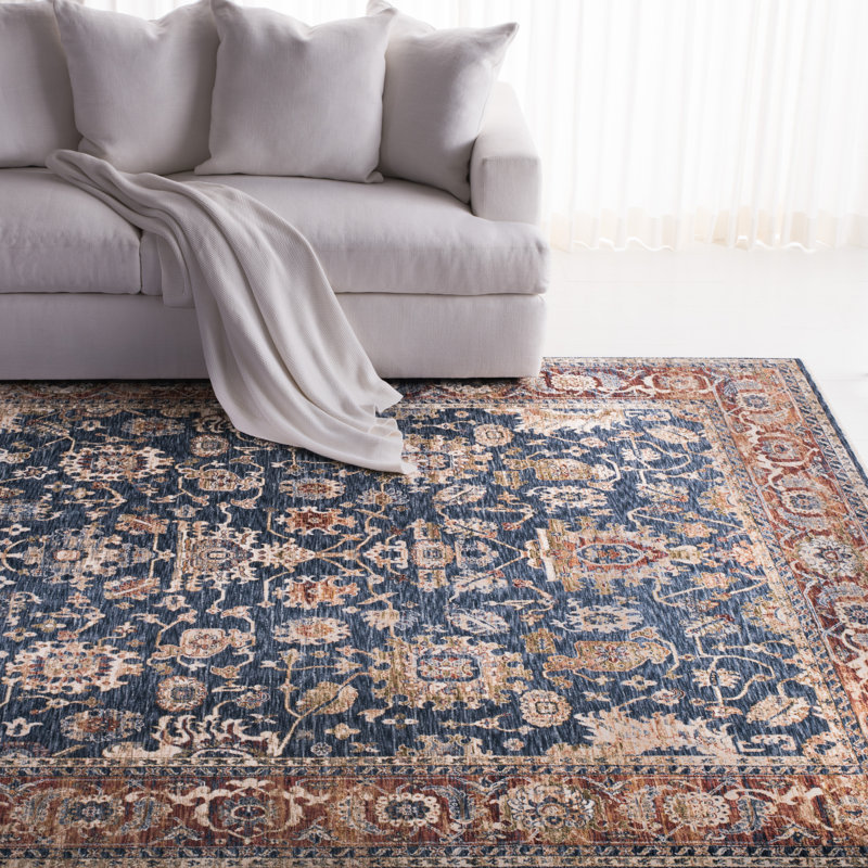 Bennet Oriental Hand-Knotted Dark Blue and Red Synthetic Area Rug