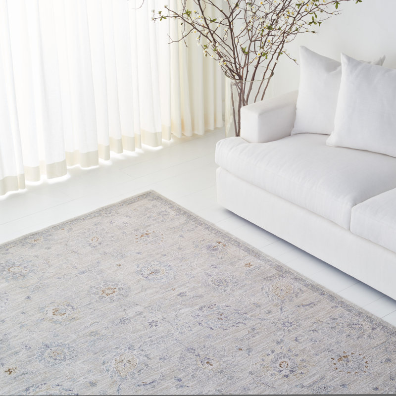 Elegant Gray Floral 10' x 14' Hand-Knotted Synthetic Area Rug