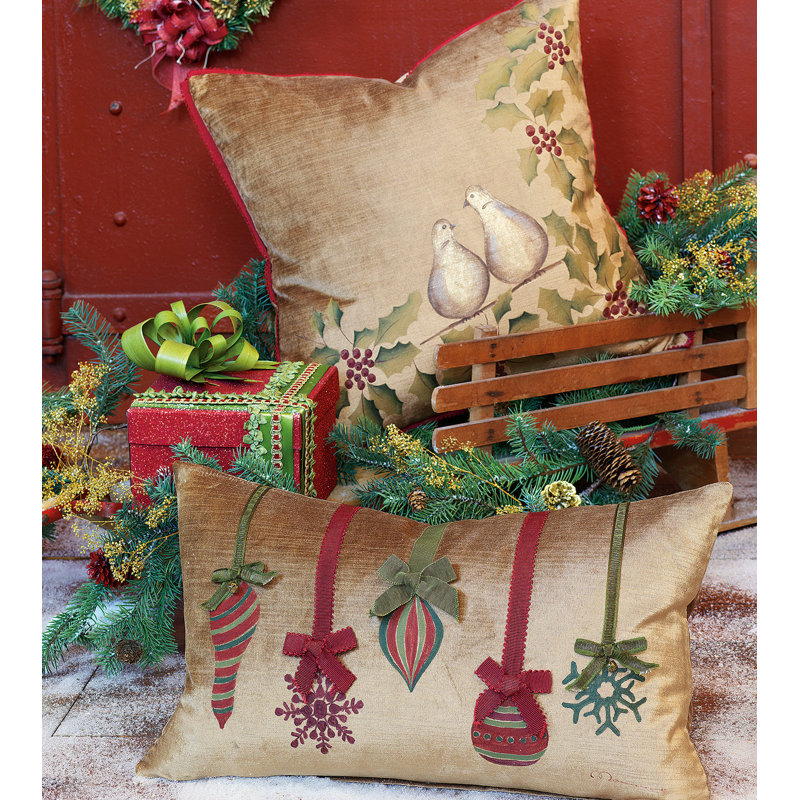 Gold Velvet Lumbar Pillow with Handpainted Christmas Ornaments