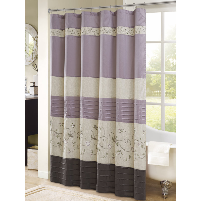 Purple Faux Silk Embroidered Floral Shower Curtain