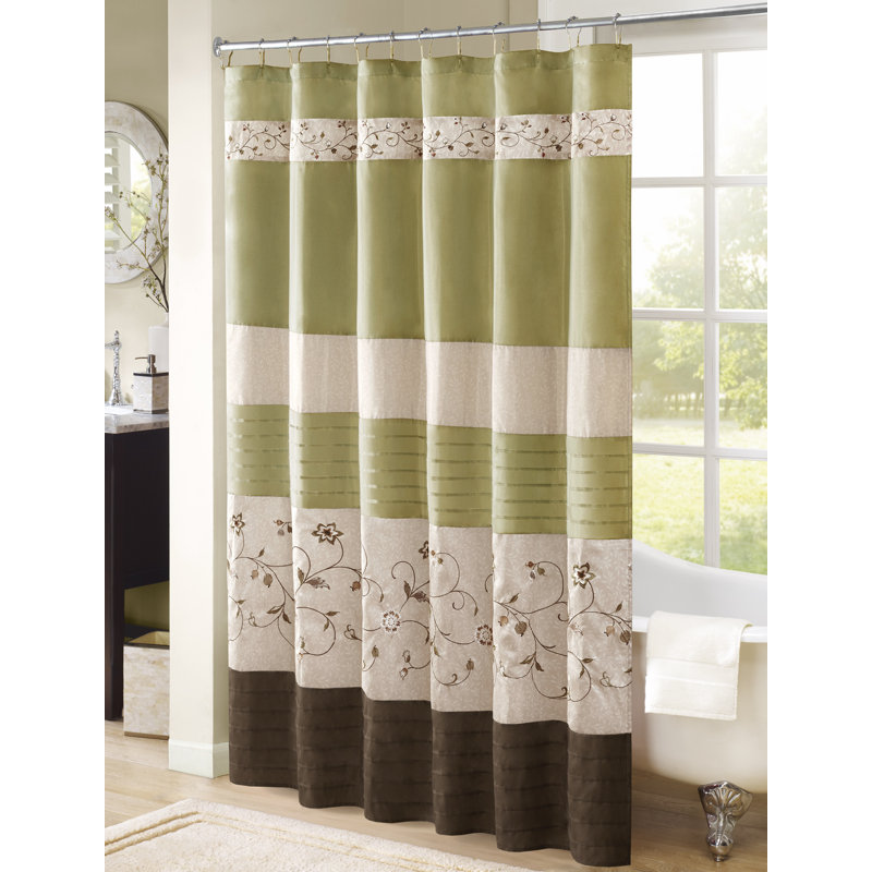 Green and Beige Faux Silk Embroidered Floral Shower Curtain