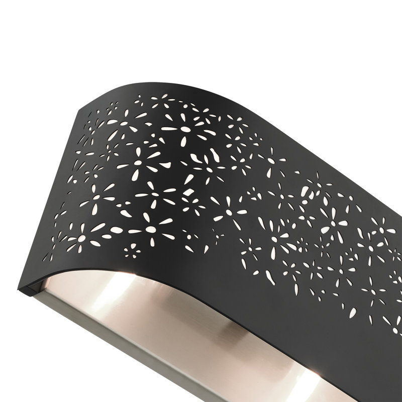 Noria Organic Laser Cut Black Steel 2-Light Vanity Sconce with Off-White Linen Shade