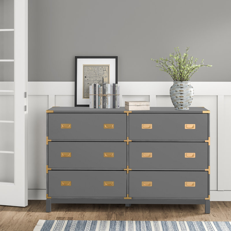 Kedric 6-Drawer Poplar Wood Dresser with Gold Accents in Gray