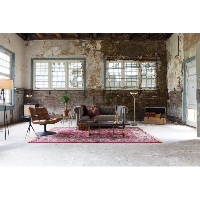 Old Red Rectangular Oriental Cotton and Synthetic Rug