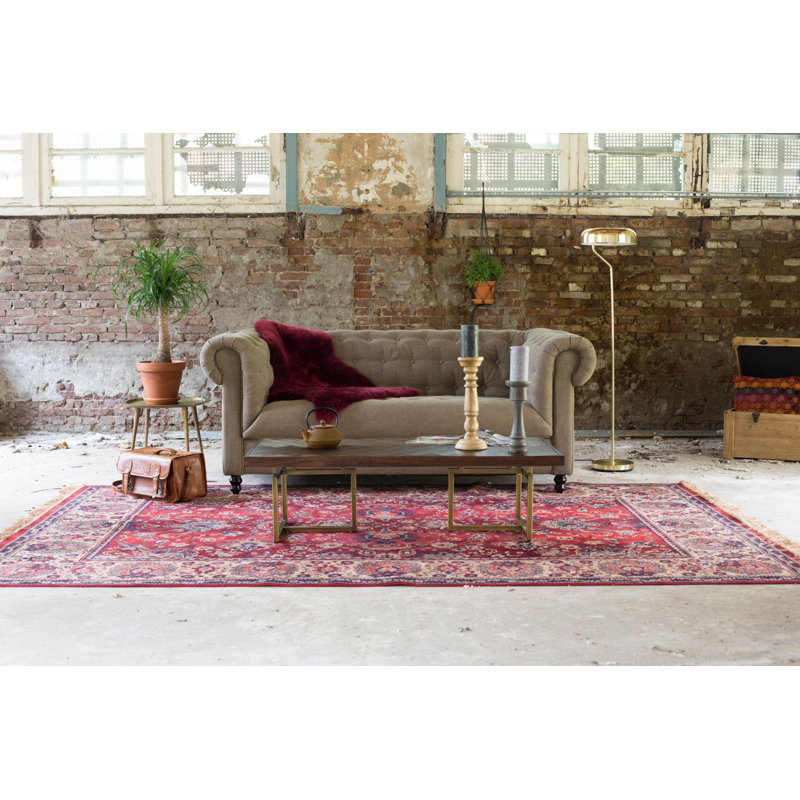 Old Red Rectangular Oriental Cotton and Synthetic Rug