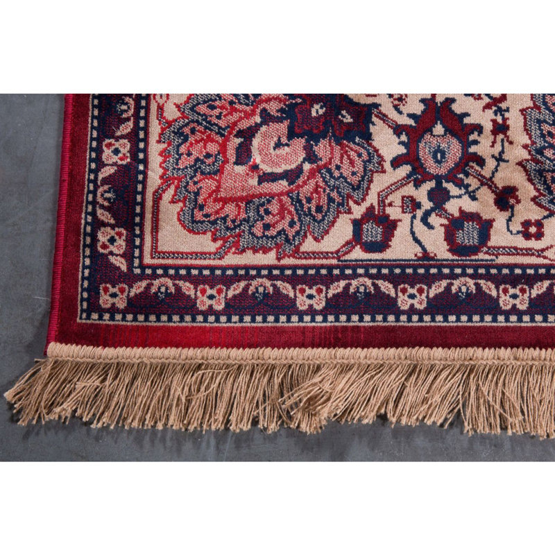 Old Red Rectangular Oriental Cotton and Synthetic Rug