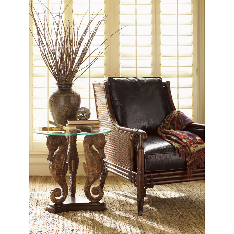 Transitional Round Wood and Glass Sea Horse Lamp Table