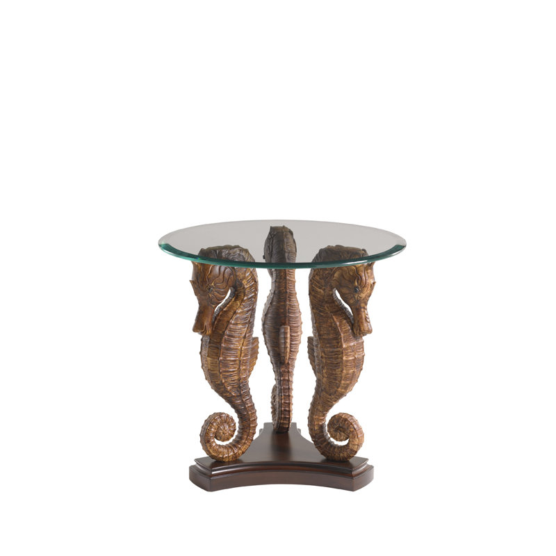 Transitional Round Wood and Glass Sea Horse Lamp Table