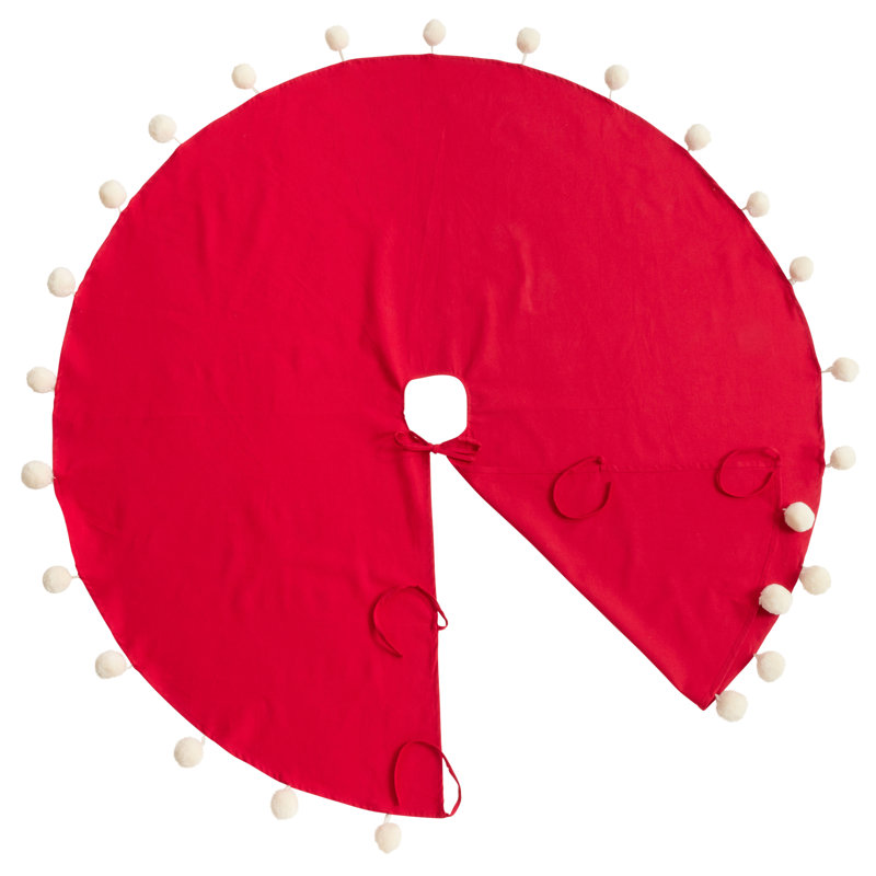 Red Cotton Christmas Tree Skirt with Pom Pom Design