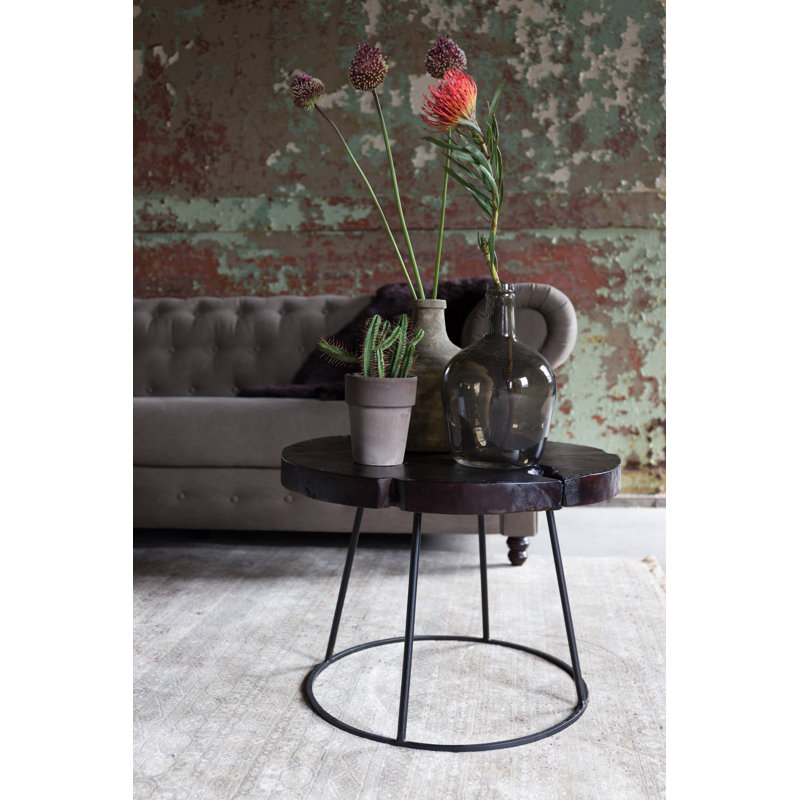 Dark Brown Round Solid Wood and Metal End Table