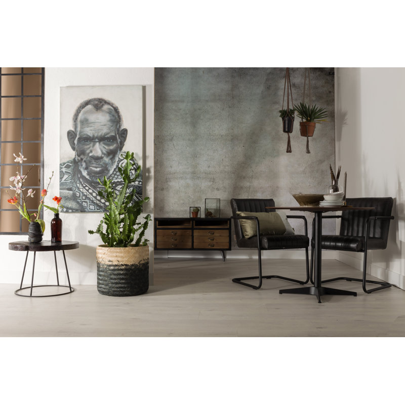 Dark Brown Round Solid Wood and Metal End Table
