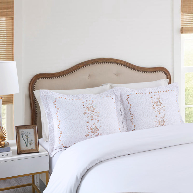 White and Gold Embroidered Standard Polyester Pillow Shams