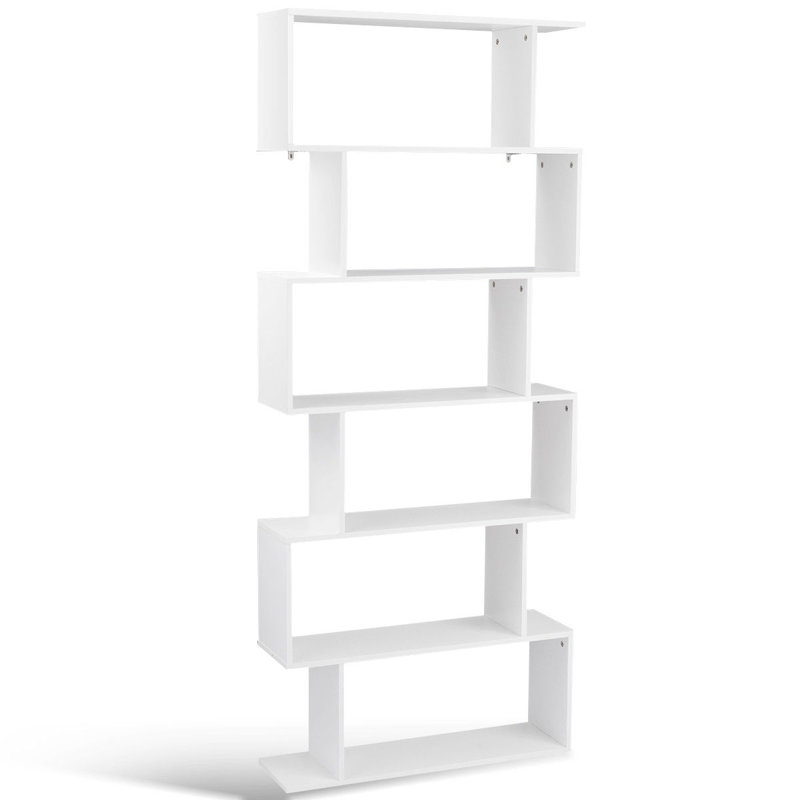 White Geometric S-Shaped 6-Tier Wooden Bookcase
