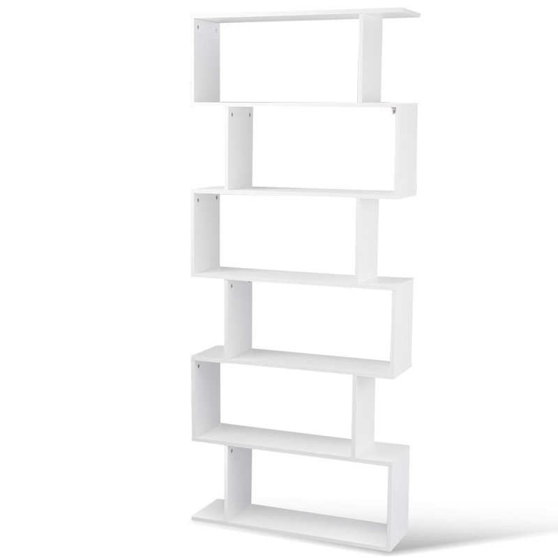 White Geometric S-Shaped 6-Tier Wooden Bookcase