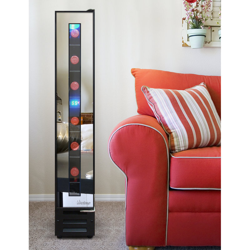 Sleek 7-Bottle Freestanding Mirror Wine Cooler with Interior LED Lighting