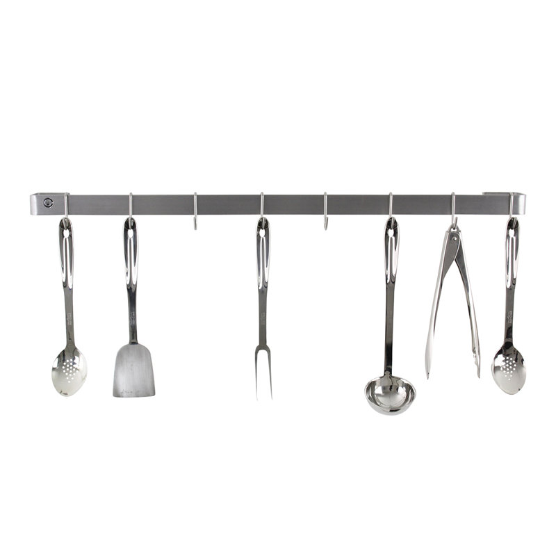Handcrafted Stainless Steel 42-Inch Wall Rack Utensil Bar with Hooks