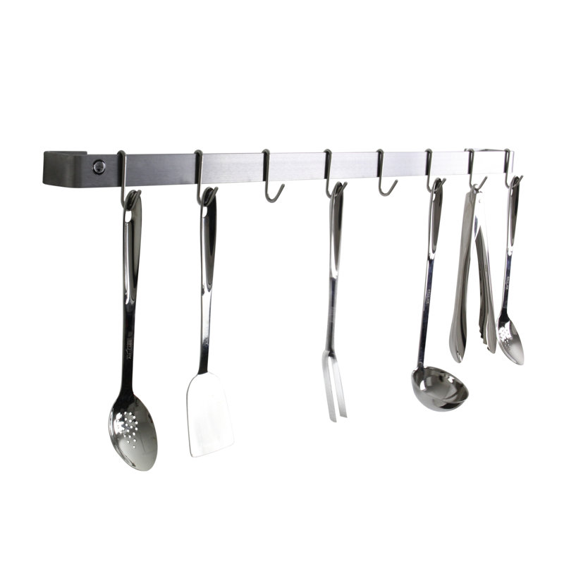 Handcrafted Stainless Steel 42-Inch Wall Rack Utensil Bar with Hooks