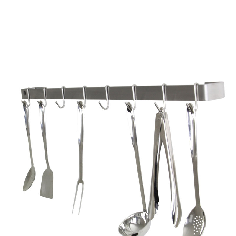 Handcrafted Stainless Steel 42-Inch Wall Rack Utensil Bar with Hooks
