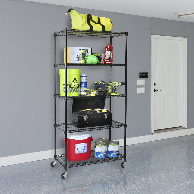 36" Black 5-Tier NSF-Certified Steel Wire Shelving with Wheels