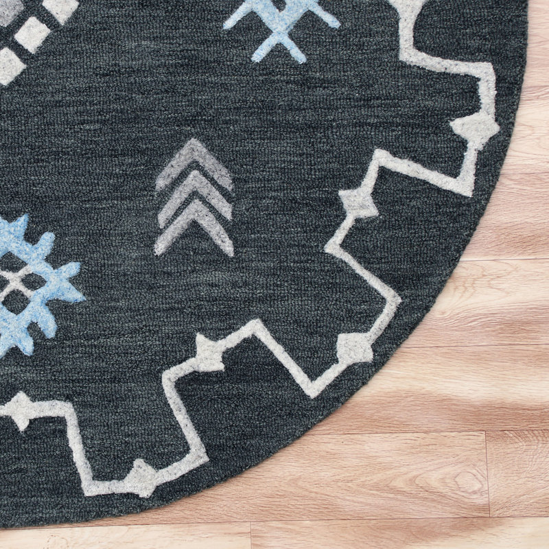 Artisan Geometric Blue & Charcoal 5' Round Wool-Viscose Rug