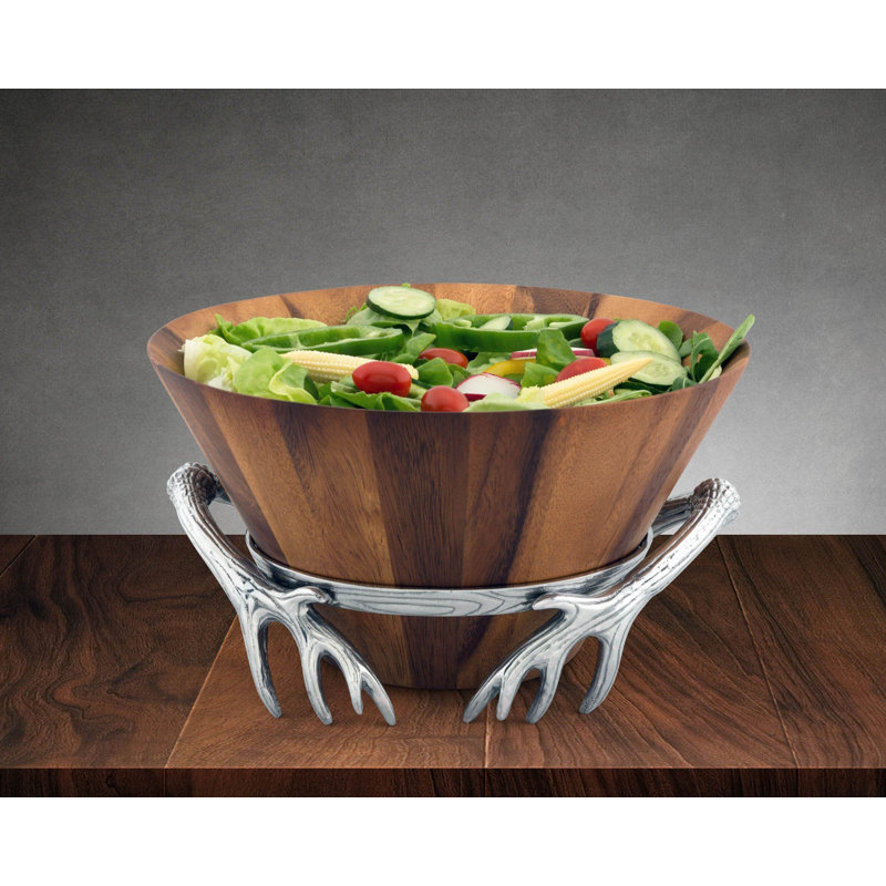 Rustic Acacia Wood Salad Bowl with Aluminum Antler Stand