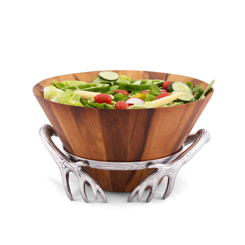 Rustic Acacia Wood Salad Bowl with Aluminum Antler Stand