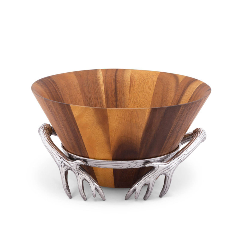 Rustic Acacia Wood Salad Bowl with Aluminum Antler Stand