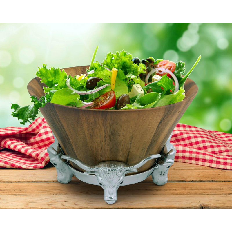 Rustic Round Wooden Salad Bowl with Aluminum Longhorn Base