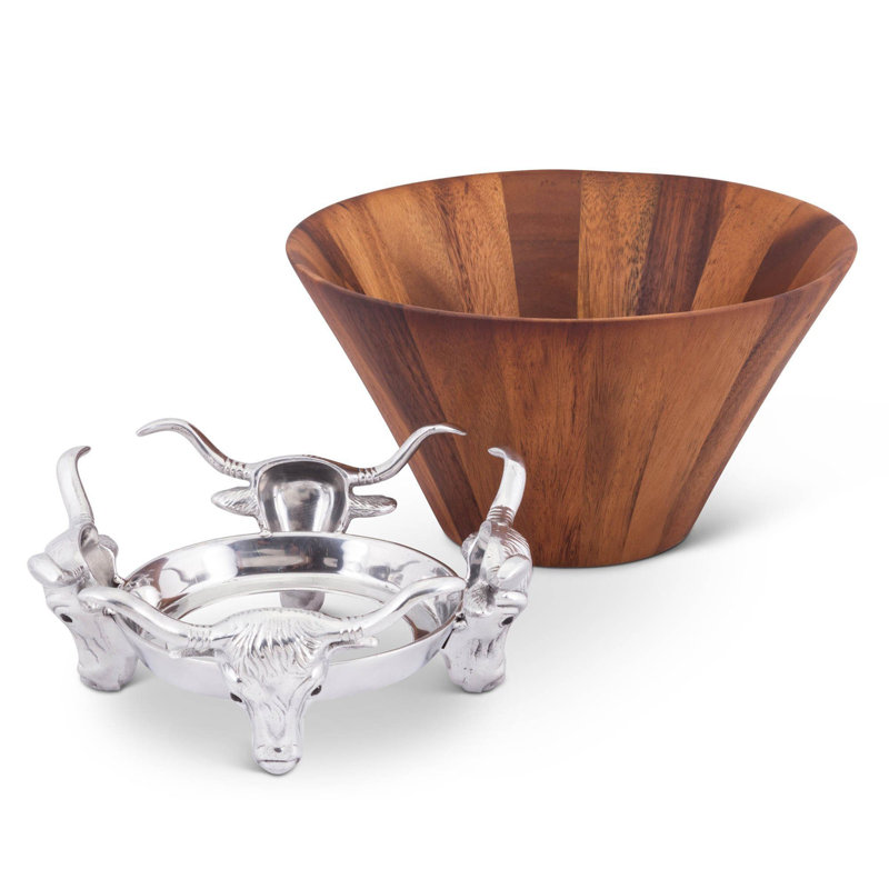 Rustic Round Wooden Salad Bowl with Aluminum Longhorn Base