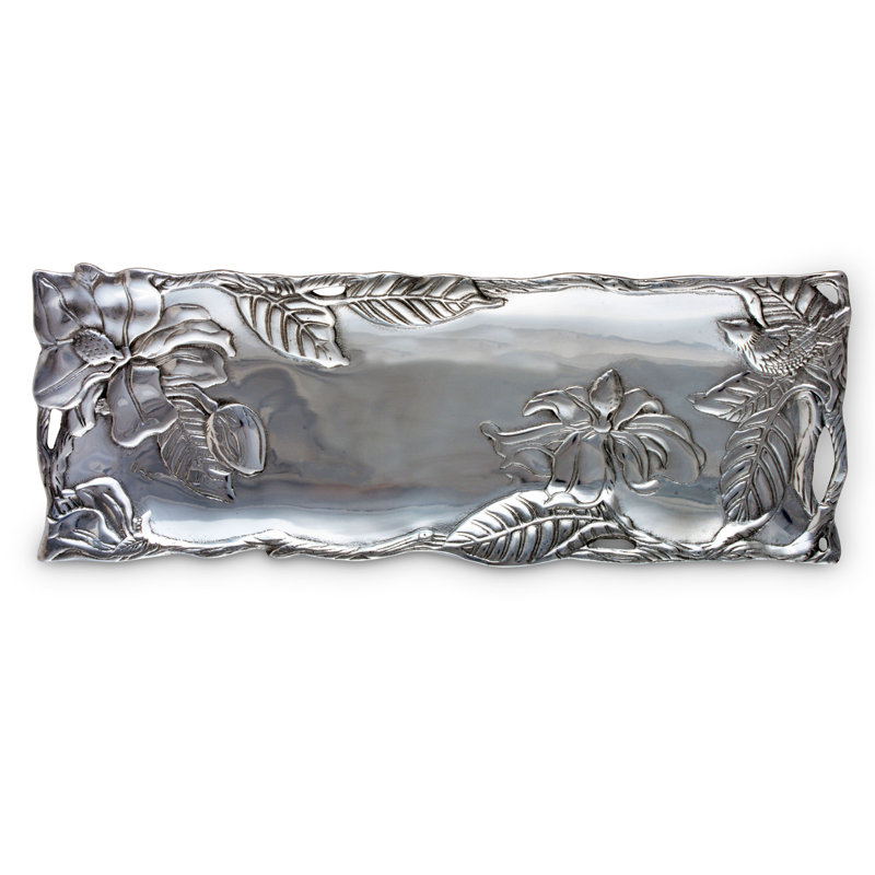 Handcrafted Aluminum Magnolia Blossom Rectangular Serving Tray