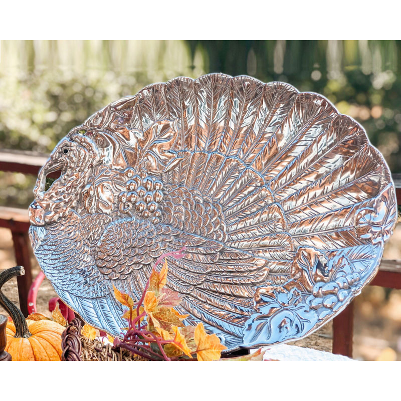 Elegant Silver Aluminum Oval Serving Platter with Turkey Design