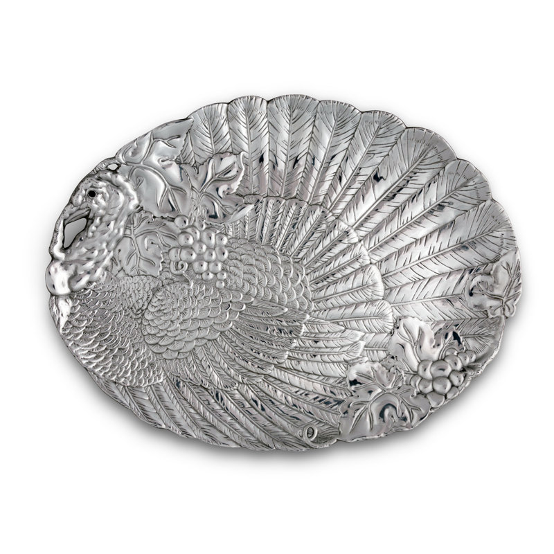 Elegant Silver Aluminum Oval Serving Platter with Turkey Design