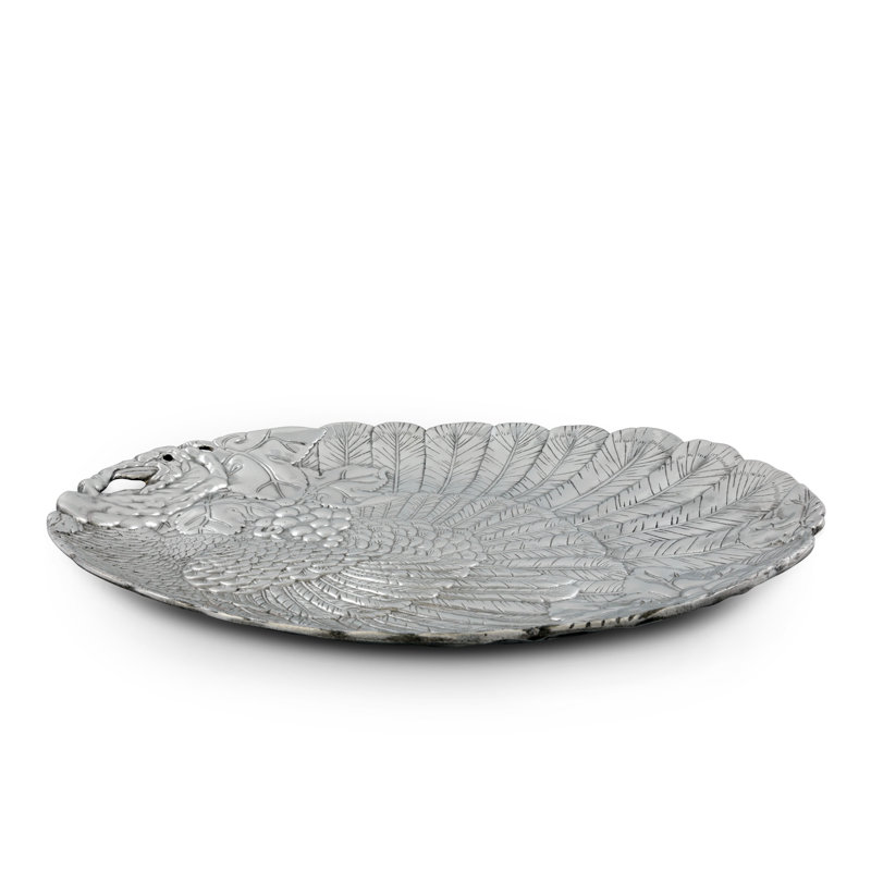 Elegant Silver Aluminum Oval Serving Platter with Turkey Design