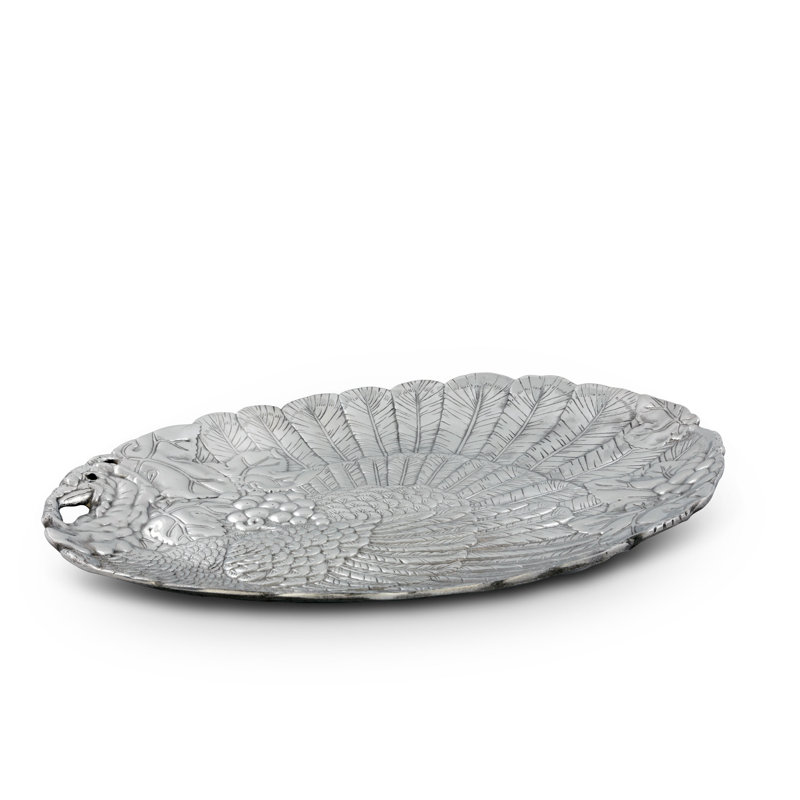 Elegant Silver Aluminum Oval Serving Platter with Turkey Design