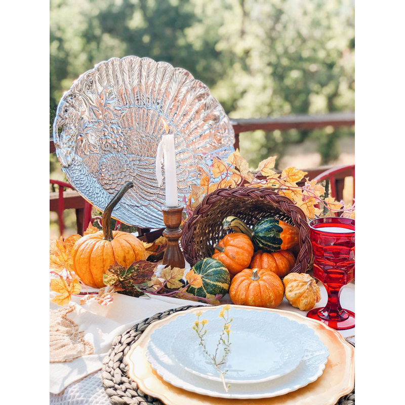 Elegant Silver Aluminum Oval Serving Platter with Turkey Design