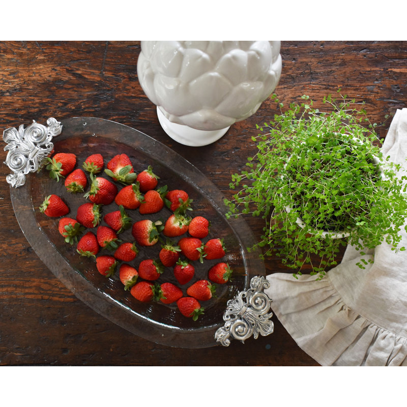 Elegant Oval Clear Glass Platter with Silver Handles