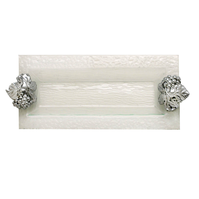 Clear Glass Oblong Tray with Grape Design Metal Handles