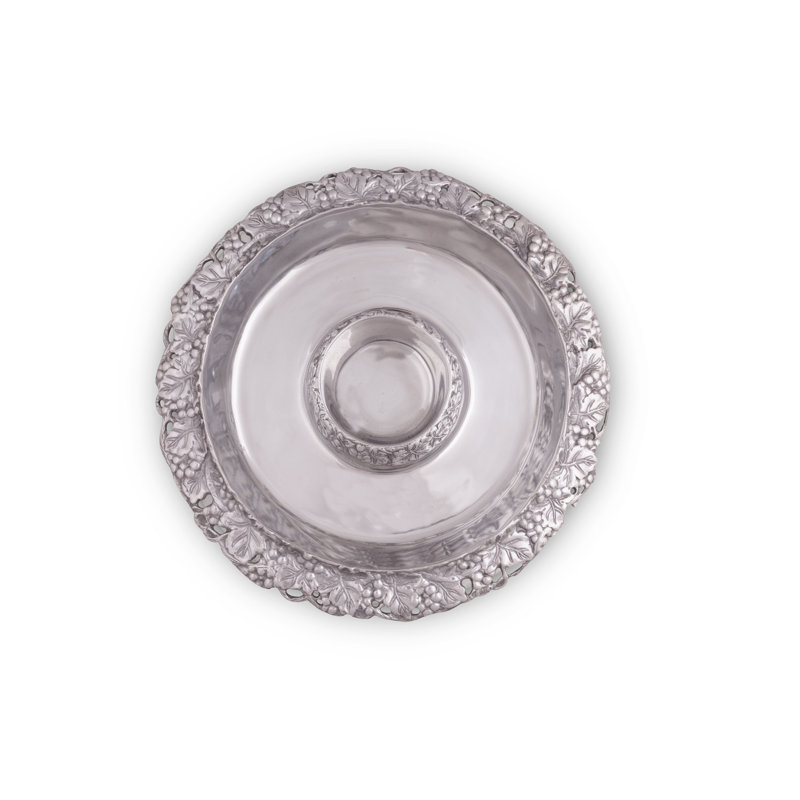 Elegant Grape Motif Aluminum and Glass Serving Bowl