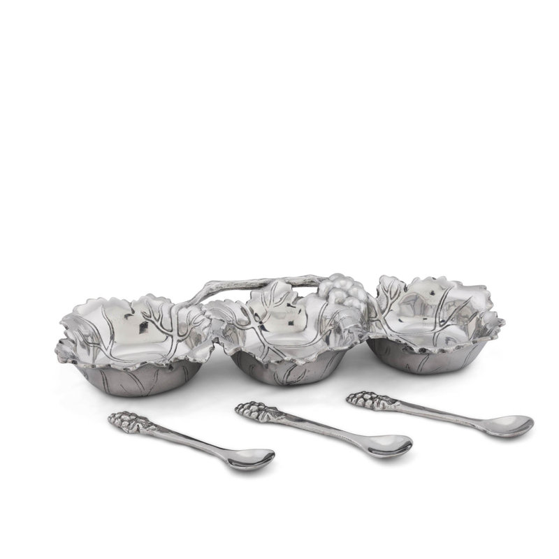 Grape Vine Aluminum 3-Bowl Condiment Server with Spoons
