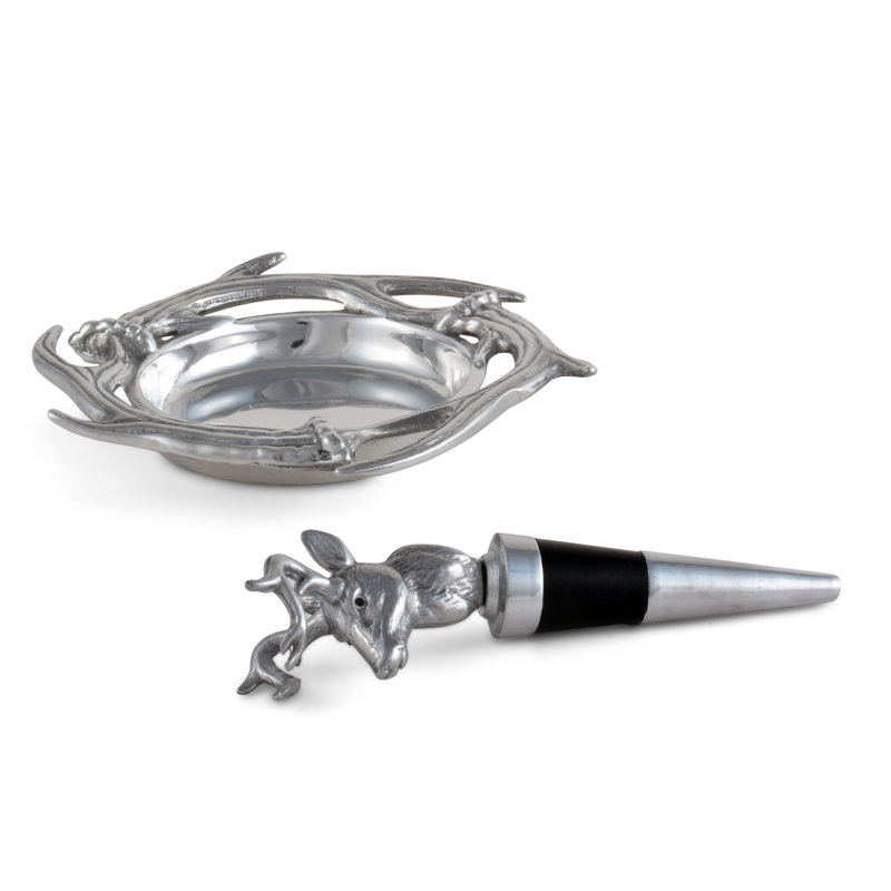Arthur Court Aluminum Antler Wine Coaster and Stopper Set