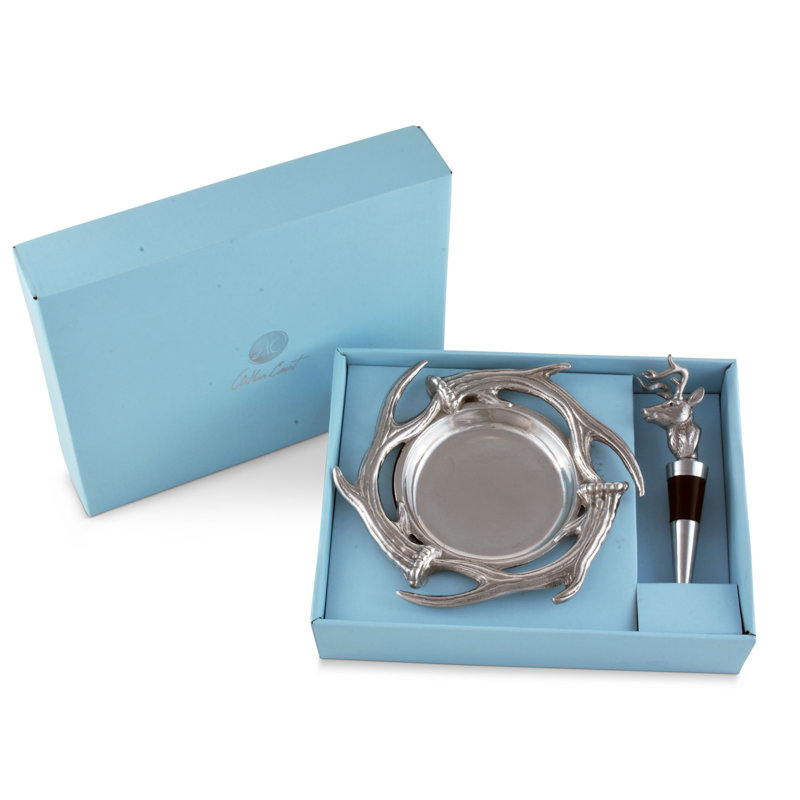 Arthur Court Aluminum Antler Wine Coaster and Stopper Set