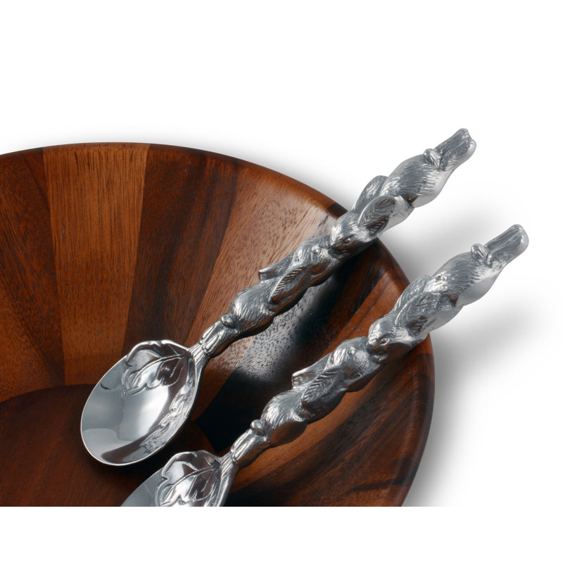 Silver Aluminum Bunny Salad Serving Set with Leaf Design