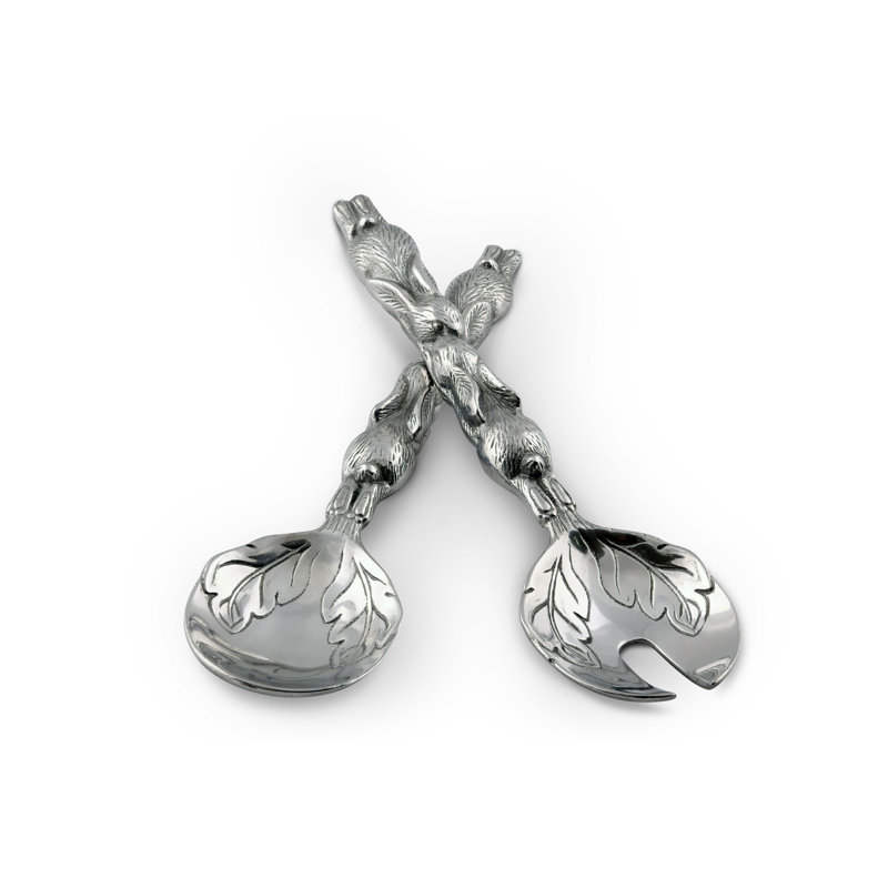 Silver Aluminum Bunny Salad Serving Set with Leaf Design