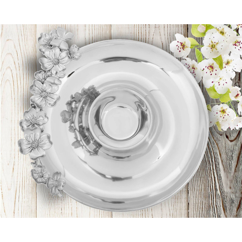 Elegant Silver Floral Aluminum Chip and Dip Platter