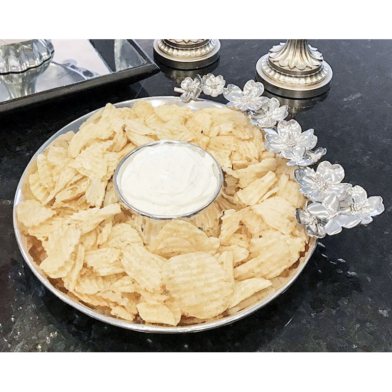 Elegant Silver Floral Aluminum Chip and Dip Platter