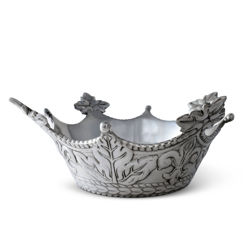 Large Silver Aluminum Crown Serving Bowl with Leaf Motifs