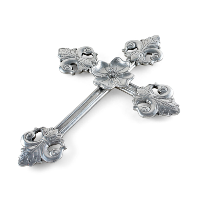 Handmade Silver Aluminum Fleur-de-lis Cross Wall Decor, 12''