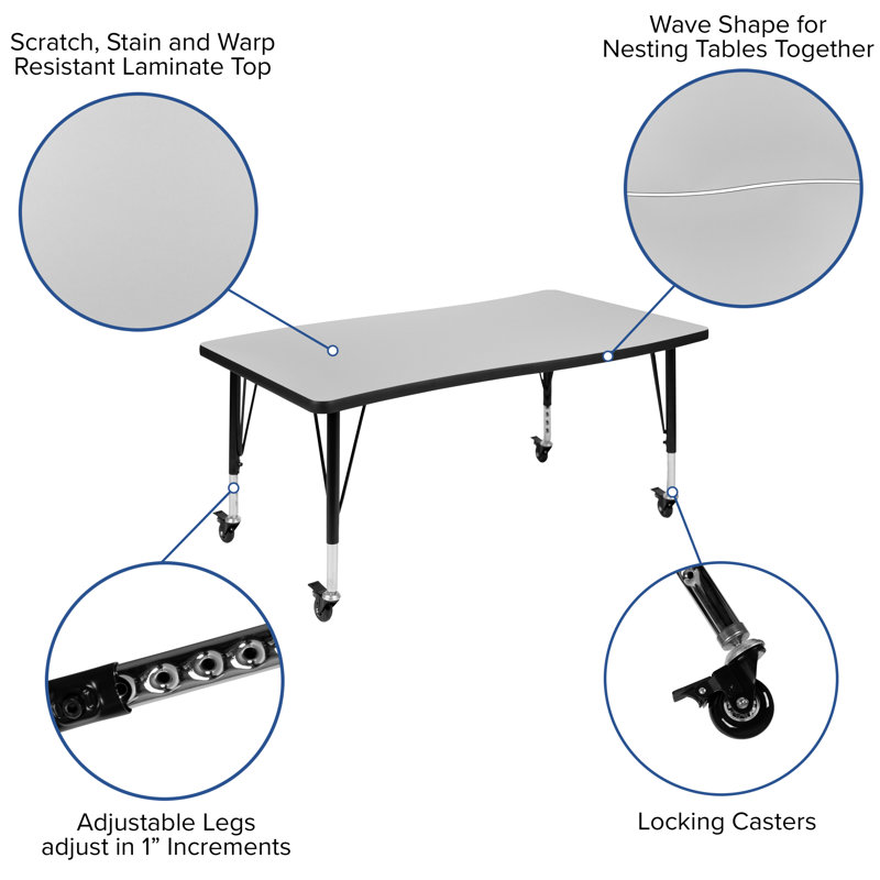 WaveEdge 28" x 47.5" Grey Laminate Mobile Adjustable Activity Table