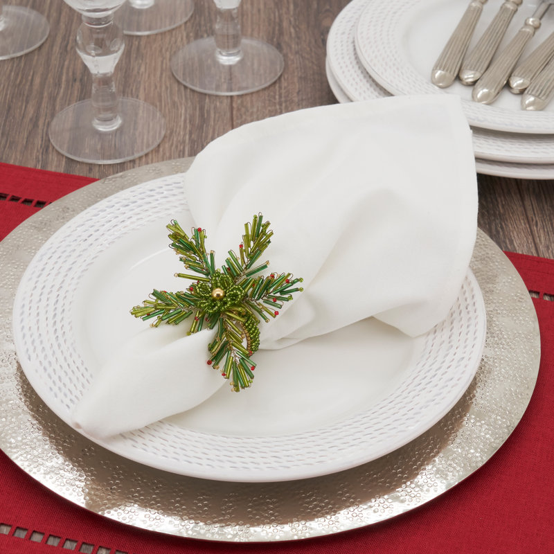 Green Beaded Pine Design Holiday Napkin Rings Set of 4