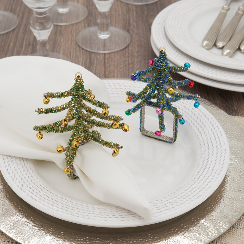 Green Beaded Christmas Tree Napkin Rings, Set of 4